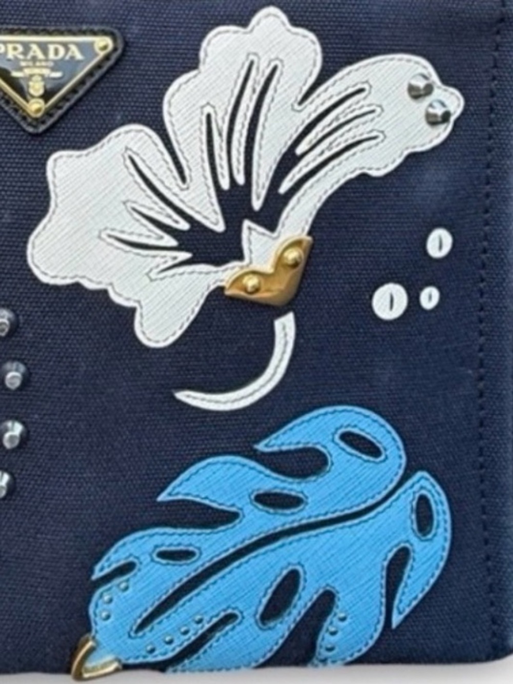 Prada Canapa Hawaii Tropical Leaf Appliqué Blue Canvas Tote Medium Authentic Bag - Picture 7 of 15